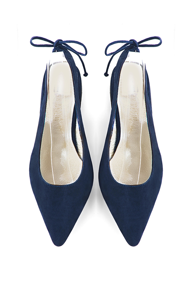 Women's navy blue elegant slingback heels. Pointed toe. Flat flare heels - Top view